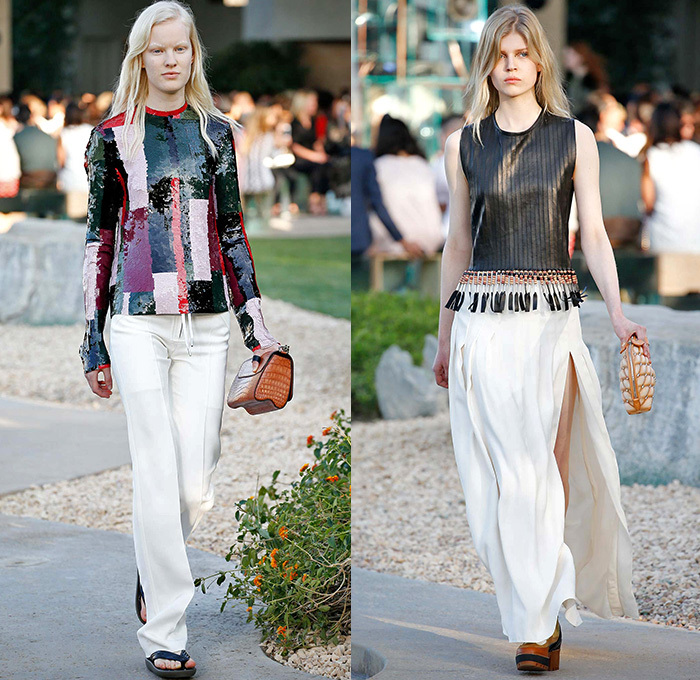 Louis Vuitton 2016 Resort Cruise Pre Spring Womens Runway Catwalk Looks Collection Nicolas Ghesquière - Bob and Dolores Hope Estate Palm Springs California - 1950s Fifties Flare Wide Leg Trousers Metallic Studs Harness Belt Strap Blouse Ruffles Ornamental Print Zipper Skirt Crop Top Paisley Chains Bomber Jacket Coat Denim Jeans Hotpants Shorts Suede Weave Sweater Jumper Knit Maxi Dress Stripes Laser Cut