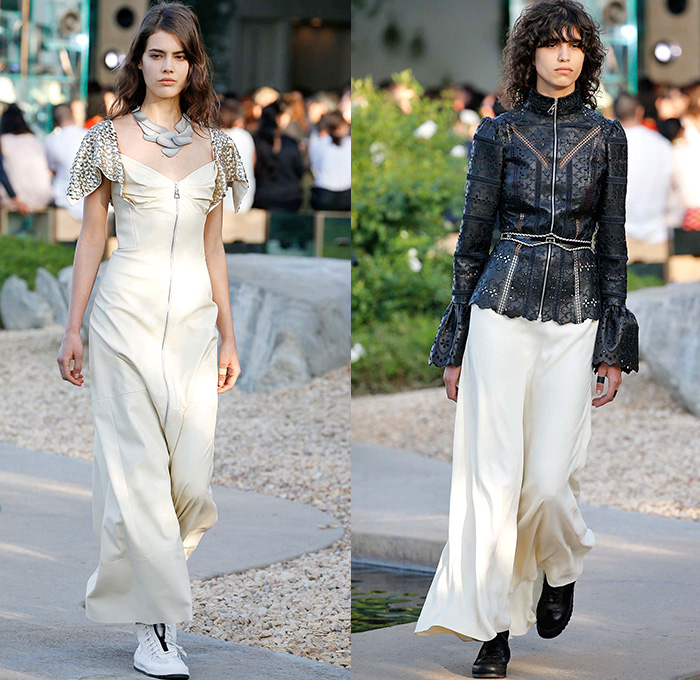 Louis Vuitton 2016 Resort Cruise Pre Spring Womens Runway Catwalk Looks Collection Nicolas Ghesquière - Bob and Dolores Hope Estate Palm Springs California - 1950s Fifties Flare Wide Leg Trousers Metallic Studs Harness Belt Strap Blouse Ruffles Ornamental Print Zipper Skirt Crop Top Paisley Chains Bomber Jacket Coat Denim Jeans Hotpants Shorts Suede Weave Sweater Jumper Knit Maxi Dress Stripes Laser Cut