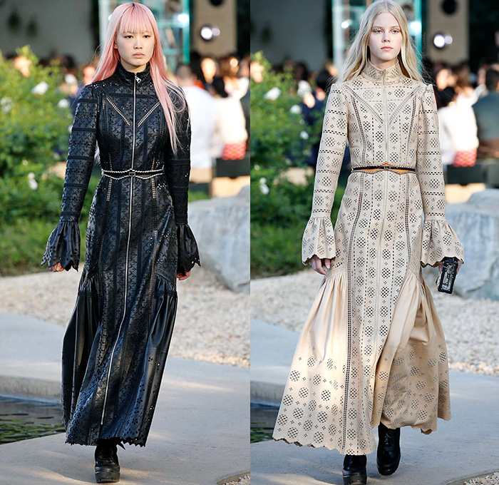 Louis Vuitton 2016 Resort Cruise Pre Spring Womens Runway Catwalk Looks Collection Nicolas Ghesquière - Bob and Dolores Hope Estate Palm Springs California - 1950s Fifties Flare Wide Leg Trousers Metallic Studs Harness Belt Strap Blouse Ruffles Ornamental Print Zipper Skirt Crop Top Paisley Chains Bomber Jacket Coat Denim Jeans Hotpants Shorts Suede Weave Sweater Jumper Knit Maxi Dress Stripes Laser Cut