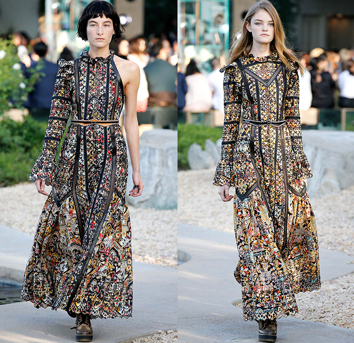 Louis Vuitton 2016 Resort Cruise Pre Spring Womens Runway Catwalk Looks Collection Nicolas Ghesquière - Bob and Dolores Hope Estate Palm Springs California - 1950s Fifties Flare Wide Leg Trousers Metallic Studs Harness Belt Strap Blouse Ruffles Ornamental Print Zipper Skirt Crop Top Paisley Chains Bomber Jacket Coat Denim Jeans Hotpants Shorts Suede Weave Sweater Jumper Knit Maxi Dress Stripes Laser Cut