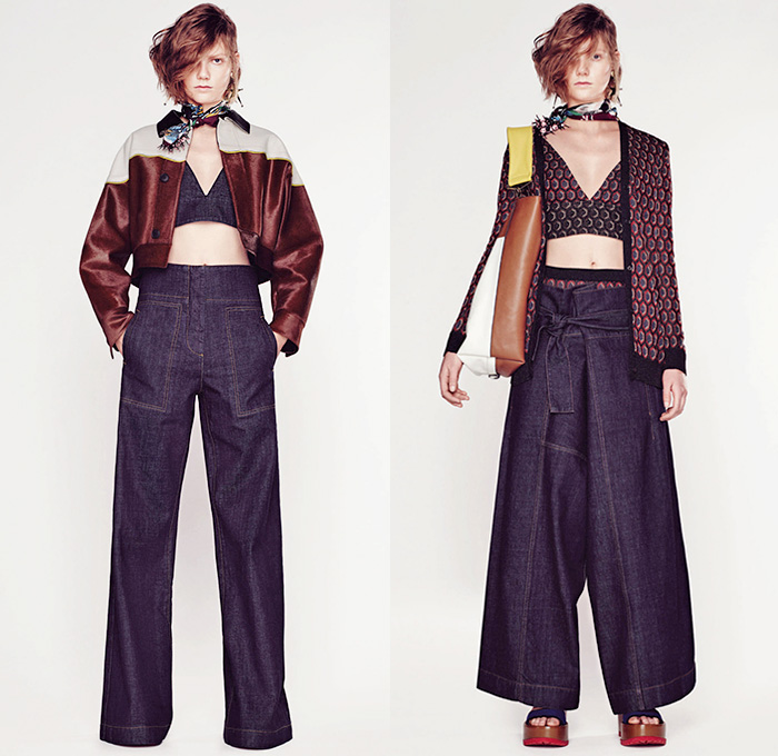 Marni Italy 2016 Resort Cruise Pre-Spring Womens Lookbook Presentation - 1970s Seventies Denim Jeans Wide Leg Cropped Trousers Palazzo Pants Flowers Florals Leaves Foliage Botanical Print Motif Cowhide Crop Top Midriff Bralette Outerwear Jacket Pantsuit Blazer Tie-Up Honeycomb Stars Blouse Ribbon Vest Dress Mockneck Asymmetrical Hem Mesh Adornments Bedazzled Accordion Pleats Ruffles Tote Bag Sandals