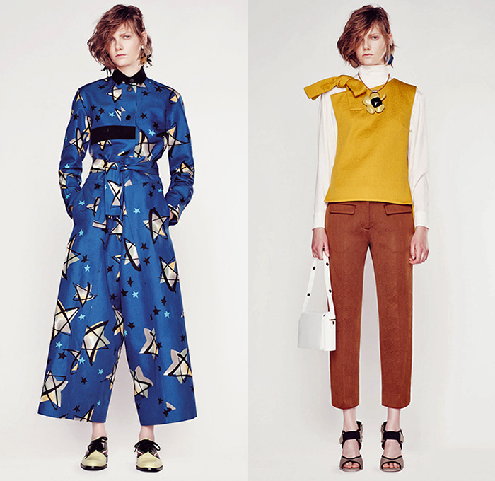 Marni Italy 2016 Resort Cruise Pre-Spring Womens Lookbook Presentation - 1970s Seventies Denim Jeans Wide Leg Cropped Trousers Palazzo Pants Flowers Florals Leaves Foliage Botanical Print Motif Cowhide Crop Top Midriff Bralette Outerwear Jacket Pantsuit Blazer Tie-Up Honeycomb Stars Blouse Ribbon Vest Dress Mockneck Asymmetrical Hem Mesh Adornments Bedazzled Accordion Pleats Ruffles Tote Bag Sandals