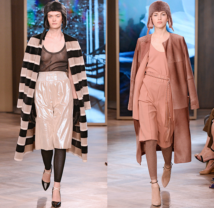 Max Mara 2016 Resort Cruise Pre-Spring Womens Runway Catwalk Looks Collection - Sporty Boxing Gym Pinstripe Chalk Stripes Pantsuit Racerback Vest Waistcoat Mink Mittens Sleepwear Pajamas Shearling Silk Slouchy Shorts Culottes Gauchos Wide Leg Trousers Palazzo Pants Outerwear Coat Jacket Blazer Parka Russian Ushanka Ear Trooper Hat Leggings Furry Shawl Wide Lapel Rope Waist Knit Sweater Flowers Florals