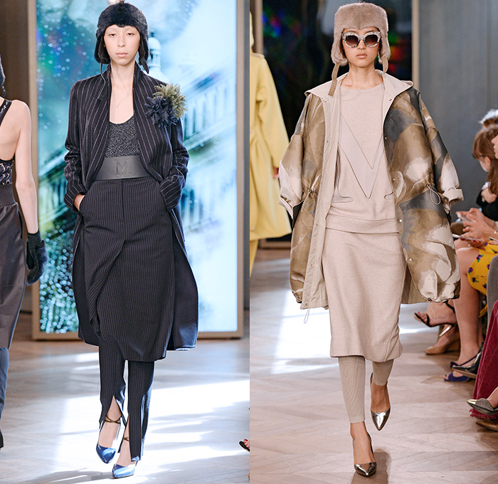 Max Mara 2016 Resort Cruise Pre-Spring Womens Runway Catwalk Looks Collection - Sporty Boxing Gym Pinstripe Chalk Stripes Pantsuit Racerback Vest Waistcoat Mink Mittens Sleepwear Pajamas Shearling Silk Slouchy Shorts Culottes Gauchos Wide Leg Trousers Palazzo Pants Outerwear Coat Jacket Blazer Parka Russian Ushanka Ear Trooper Hat Leggings Furry Shawl Wide Lapel Rope Waist Knit Sweater Flowers Florals