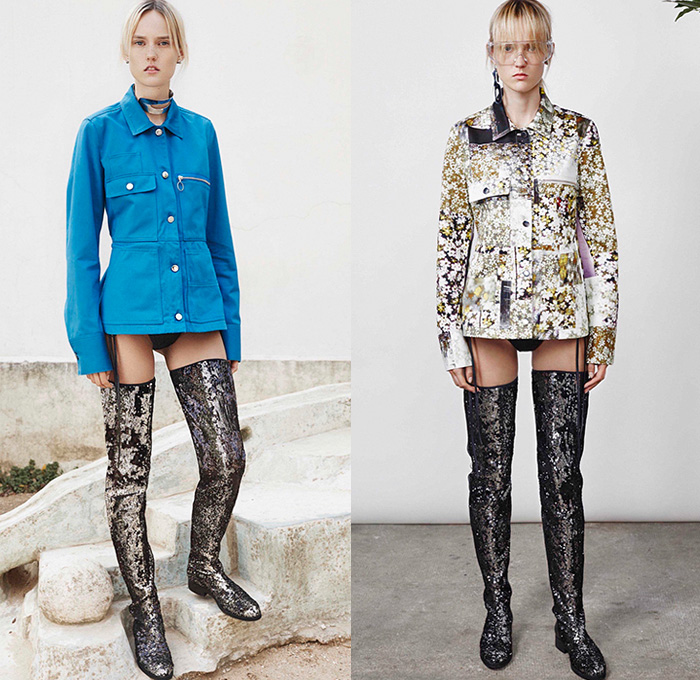 MM6 Maison Margiela 2016 Resort Cruise Pre-Spring Womens Lookbook Presentation - Denim Jeans Outerwear Coat Jacket Coatdress Thigh High Boots Zipper Cargo Pockets Flowers Florals Motif Swimwear Bikini Top Cropped Pants Sandals Ribbed Knit Sweater Jumper Leather Peel Away Scarf Goggles Plastic Vest Waistcoat Shearling Dress One Shoulder Frock Half Skirt Noodle Spaghetti Strap Quilted Puffer Accordion Pleats