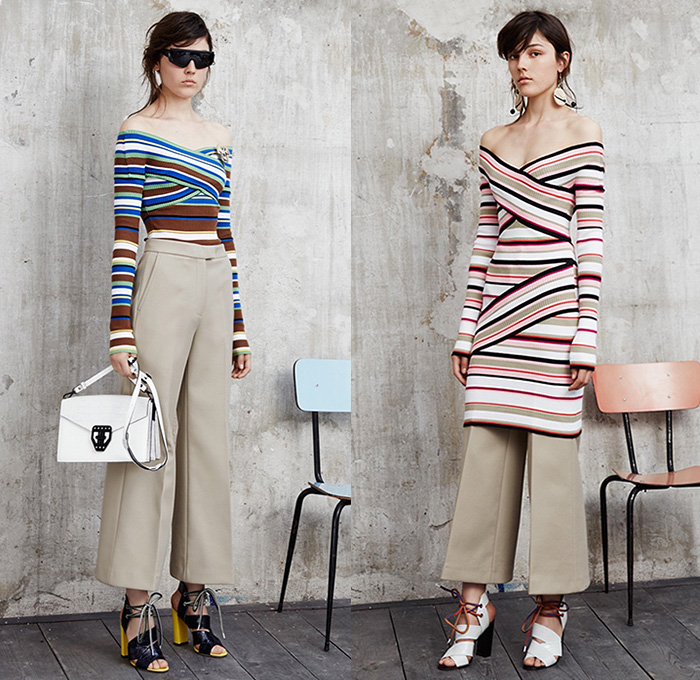 MSGM by Massimo Giorgetti 2016 Resort Cruise Pre-Spring Womens Lookbook Presentation - Macramé Map Shift Dress Stripes Bandage Wrap Fins Wide Leg Trousers Palazzo Pants Culottes One Off Shoulder Strap Peel Away Asymmetrical Handkerchief Hem Check Zigzag Tie-up Knit Sweater Jumper Half Skirt Panel Accordion Pleats Poncho Outerwear Coat Fluid  Mesh Fishnet Lace Handbag Backpack