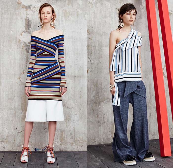 MSGM by Massimo Giorgetti 2016 Resort Cruise Pre-Spring Womens Lookbook Presentation - Macramé Map Shift Dress Stripes Bandage Wrap Fins Wide Leg Trousers Palazzo Pants Culottes One Off Shoulder Strap Peel Away Asymmetrical Handkerchief Hem Check Zigzag Tie-up Knit Sweater Jumper Half Skirt Panel Accordion Pleats Poncho Outerwear Coat Fluid  Mesh Fishnet Lace Handbag Backpack