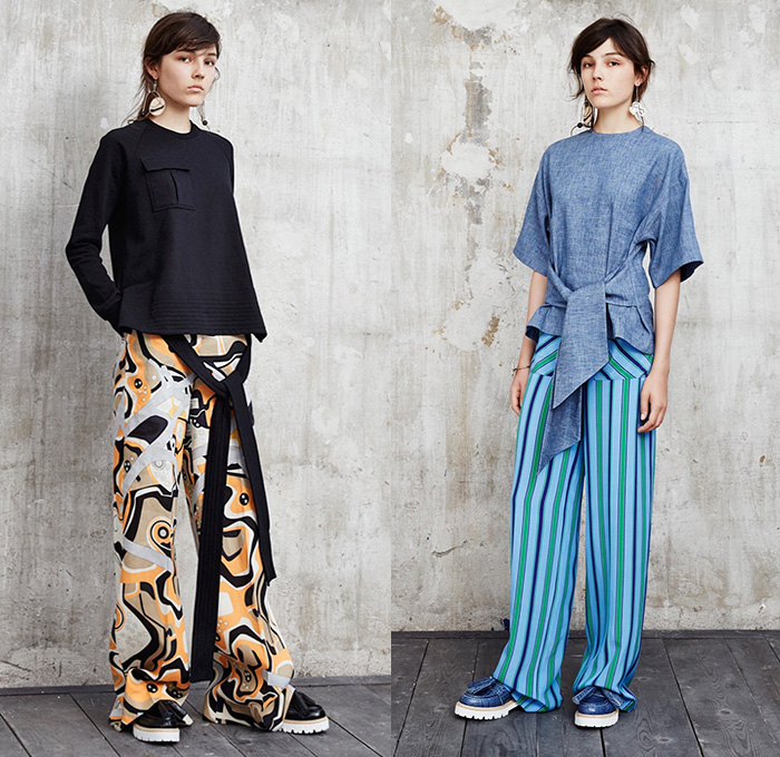 MSGM by Massimo Giorgetti 2016 Resort Cruise Pre-Spring Womens Lookbook Presentation - Macramé Map Shift Dress Stripes Bandage Wrap Fins Wide Leg Trousers Palazzo Pants Culottes One Off Shoulder Strap Peel Away Asymmetrical Handkerchief Hem Check Zigzag Tie-up Knit Sweater Jumper Half Skirt Panel Accordion Pleats Poncho Outerwear Coat Fluid  Mesh Fishnet Lace Handbag Backpack