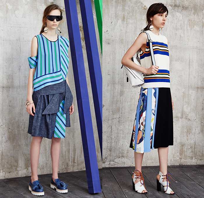 MSGM by Massimo Giorgetti 2016 Resort Cruise Pre-Spring Womens Lookbook Presentation - Macramé Map Shift Dress Stripes Bandage Wrap Fins Wide Leg Trousers Palazzo Pants Culottes One Off Shoulder Strap Peel Away Asymmetrical Handkerchief Hem Check Zigzag Tie-up Knit Sweater Jumper Half Skirt Panel Accordion Pleats Poncho Outerwear Coat Fluid  Mesh Fishnet Lace Handbag Backpack