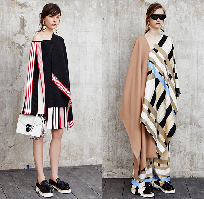 MSGM by Massimo Giorgetti 2016 Resort Cruise Pre-Spring Womens Lookbook Presentation - Macramé Map Shift Dress Stripes Bandage Wrap Fins Wide Leg Trousers Palazzo Pants Culottes One Off Shoulder Strap Peel Away Asymmetrical Handkerchief Hem Check Zigzag Tie-up Knit Sweater Jumper Half Skirt Panel Accordion Pleats Poncho Outerwear Coat Fluid  Mesh Fishnet Lace Handbag Backpack