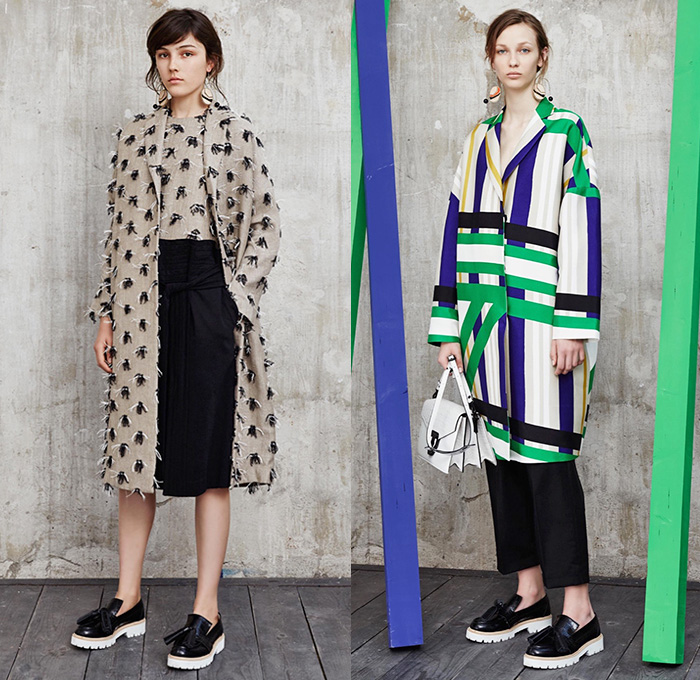 MSGM by Massimo Giorgetti 2016 Resort Cruise Pre-Spring Womens Lookbook Presentation - Macramé Map Shift Dress Stripes Bandage Wrap Fins Wide Leg Trousers Palazzo Pants Culottes One Off Shoulder Strap Peel Away Asymmetrical Handkerchief Hem Check Zigzag Tie-up Knit Sweater Jumper Half Skirt Panel Accordion Pleats Poncho Outerwear Coat Fluid  Mesh Fishnet Lace Handbag Backpack