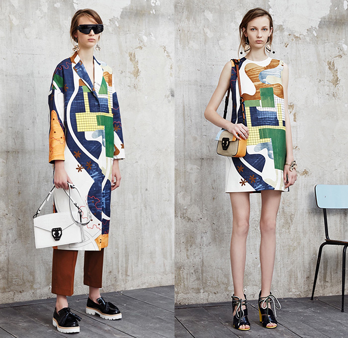 MSGM by Massimo Giorgetti 2016 Resort Cruise Pre-Spring Womens Lookbook Presentation - Macramé Map Shift Dress Stripes Bandage Wrap Fins Wide Leg Trousers Palazzo Pants Culottes One Off Shoulder Strap Peel Away Asymmetrical Handkerchief Hem Check Zigzag Tie-up Knit Sweater Jumper Half Skirt Panel Accordion Pleats Poncho Outerwear Coat Fluid  Mesh Fishnet Lace Handbag Backpack