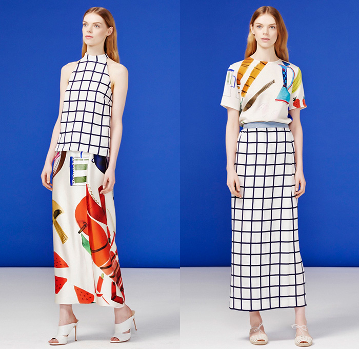 Novis NYC 2016 Resort Cruise Pre-Spring Womens Lookbook Presentation - Windowpane Check Pop Art Seafood Lobster Strawberries Fruit Bananas Halter Top Skirt Frock Blouse Long Sleeve Pants Trousers Tankdress One Off Shoulder Shorts Knit Sweater Jumper Stripes Banded Strap Maxi Dress Dots