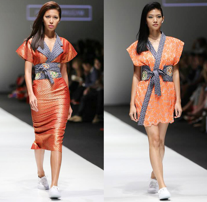 Ong Shunmugam 2016 Resort Cruise Pre-Spring Womens Runway Catwalk Looks - Singapore Fashion Week Designer Priscilla Shunmugam - Chinese Malaysian Indonesian Korean South Korean Asian Seigaiha Lotus Sakura Blouse Obi Sash Waist Skirt Frock Wrap Robe Kimono Print Graphic Motif Pattern Sleeveless Onesie Jumpsuit Coveralls Panel Half Skirt