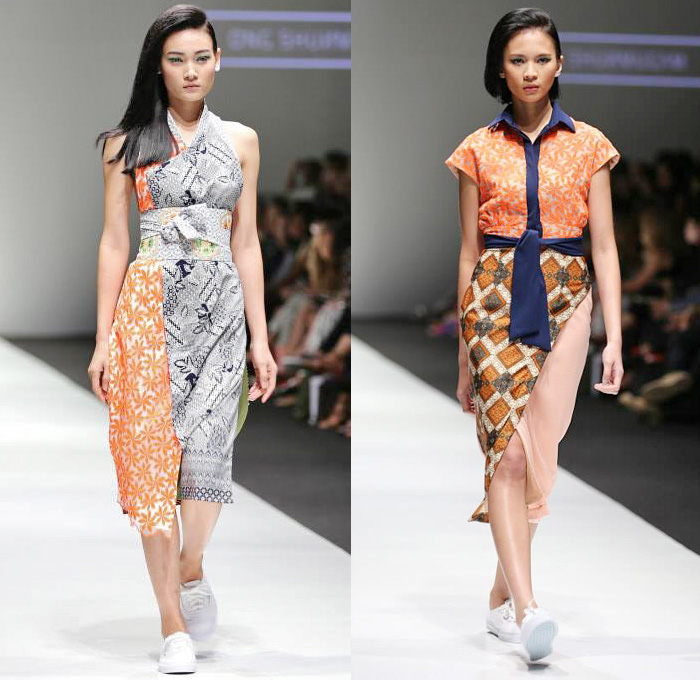 Ong Shunmugam 2016 Resort Cruise Pre-Spring Womens Runway Catwalk Looks - Singapore Fashion Week Designer Priscilla Shunmugam - Chinese Malaysian Indonesian Korean South Korean Asian Seigaiha Lotus Sakura Blouse Obi Sash Waist Skirt Frock Wrap Robe Kimono Print Graphic Motif Pattern Sleeveless Onesie Jumpsuit Coveralls Panel Half Skirt