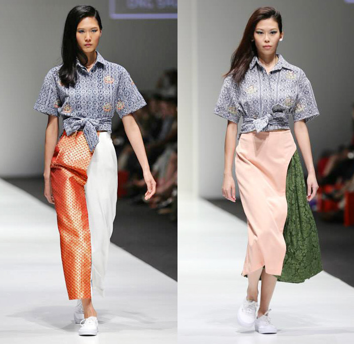 Ong Shunmugam 2016 Resort Cruise Pre-Spring Womens Runway Catwalk Looks - Singapore Fashion Week Designer Priscilla Shunmugam - Chinese Malaysian Indonesian Korean South Korean Asian Seigaiha Lotus Sakura Blouse Obi Sash Waist Skirt Frock Wrap Robe Kimono Print Graphic Motif Pattern Sleeveless Onesie Jumpsuit Coveralls Panel Half Skirt