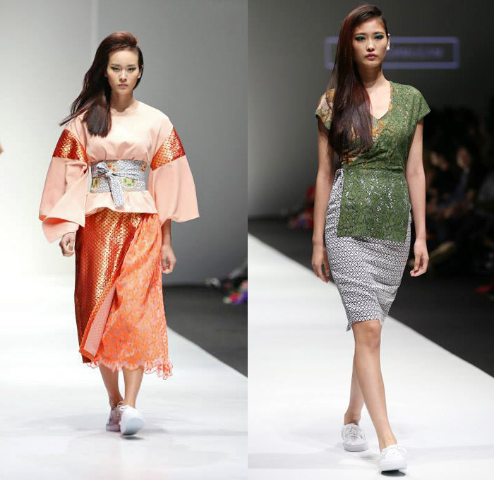 Ong Shunmugam 2016 Resort Cruise Pre-Spring Womens Runway Catwalk Looks - Singapore Fashion Week Designer Priscilla Shunmugam - Chinese Malaysian Indonesian Korean South Korean Asian Seigaiha Lotus Sakura Blouse Obi Sash Waist Skirt Frock Wrap Robe Kimono Print Graphic Motif Pattern Sleeveless Onesie Jumpsuit Coveralls Panel Half Skirt