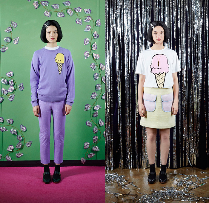 Peter Jensen 2016 Resort Cruise Pre-Spring Womens Lookbook Presentation - Ghost World American Diner Retro Ice Cream Pop Art Knit Sweater Jumper Cropped Pants Trousers Cargo Pockets Cargo Skirt Frock Blouse Long Sleeve Ghosts Print Graphic Pattern Motif Mask Varsity Jacket Fringes Plaid Checks Shirtdress