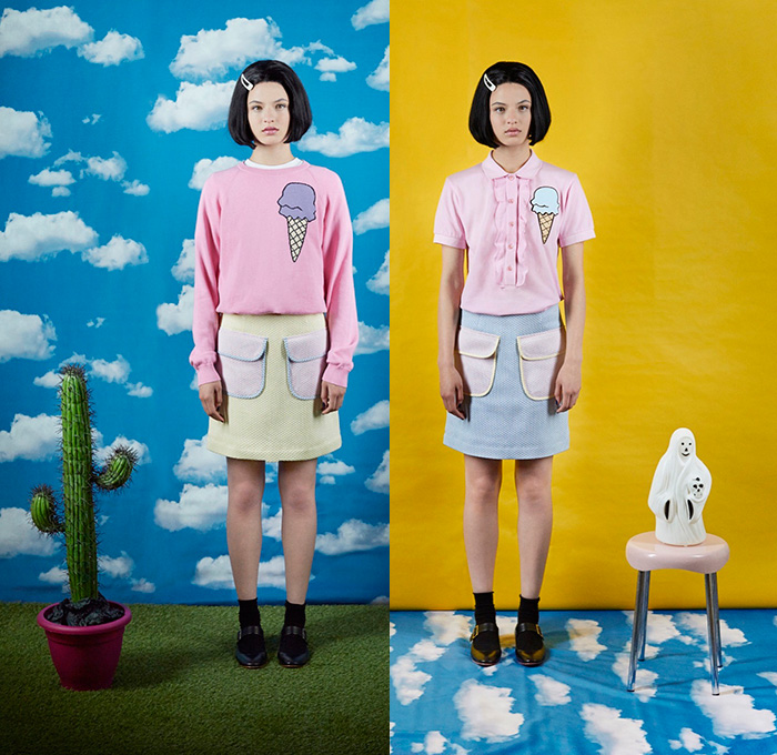 Peter Jensen 2016 Resort Cruise Pre-Spring Womens Lookbook Presentation - Ghost World American Diner Retro Ice Cream Pop Art Knit Sweater Jumper Cropped Pants Trousers Cargo Pockets Cargo Skirt Frock Blouse Long Sleeve Ghosts Print Graphic Pattern Motif Mask Varsity Jacket Fringes Plaid Checks Shirtdress