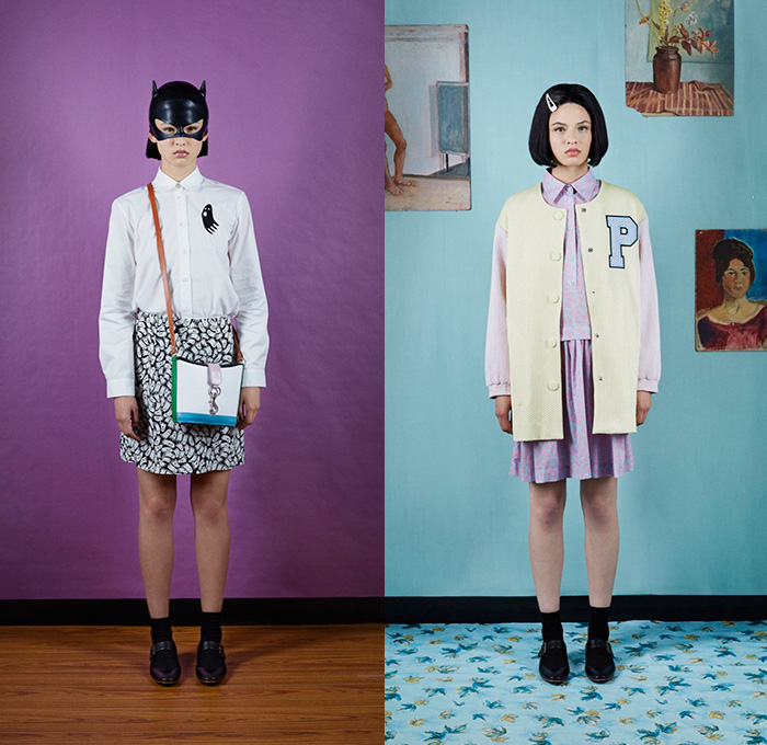 Peter Jensen 2016 Resort Cruise Pre-Spring Womens Lookbook Presentation - Ghost World American Diner Retro Ice Cream Pop Art Knit Sweater Jumper Cropped Pants Trousers Cargo Pockets Cargo Skirt Frock Blouse Long Sleeve Ghosts Print Graphic Pattern Motif Mask Varsity Jacket Fringes Plaid Checks Shirtdress