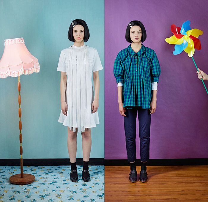 Peter Jensen 2016 Resort Cruise Pre-Spring Womens Lookbook Presentation - Ghost World American Diner Retro Ice Cream Pop Art Knit Sweater Jumper Cropped Pants Trousers Cargo Pockets Cargo Skirt Frock Blouse Long Sleeve Ghosts Print Graphic Pattern Motif Mask Varsity Jacket Fringes Plaid Checks Shirtdress