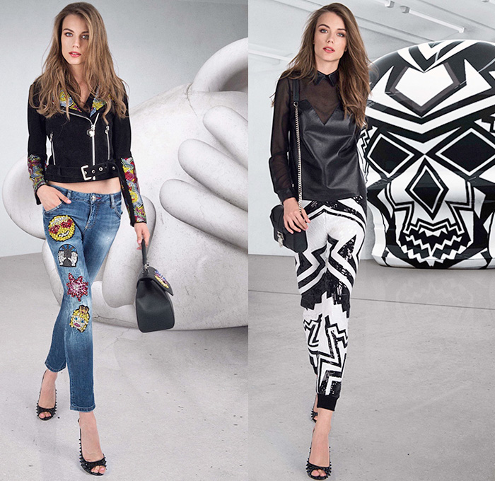 Philipp Plein 2016 Resort Cruise Pre-Spring Womens Lookbook Presentation - Emoji Digitized Heart Smiley Face Pixelated Pac-Man Pop Art Peace Sign Blast Crossbones Hands Thumbs Up Denim Jeans Embroidery Embellishments Bedazzled Metallic Studs Sequins Moto Motorcycle Biker Leather Geometric Skull Street Art Jogger Sweatpants Leggings Shirtdress Coatdress Outerwear Trench Coat Blazer Dress Miniskirt Shorts