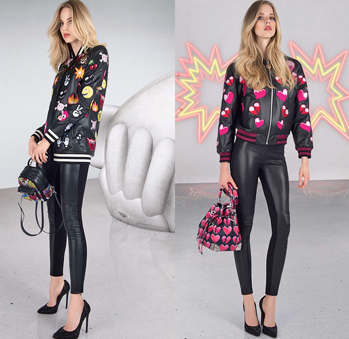 Philipp Plein 2016 Resort Cruise Pre-Spring Womens Lookbook Presentation - Emoji Digitized Heart Smiley Face Pixelated Pac-Man Pop Art Peace Sign Blast Crossbones Hands Thumbs Up Denim Jeans Embroidery Embellishments Bedazzled Metallic Studs Sequins Moto Motorcycle Biker Leather Geometric Skull Street Art Jogger Sweatpants Leggings Shirtdress Coatdress Outerwear Trench Coat Blazer Dress Miniskirt Shorts