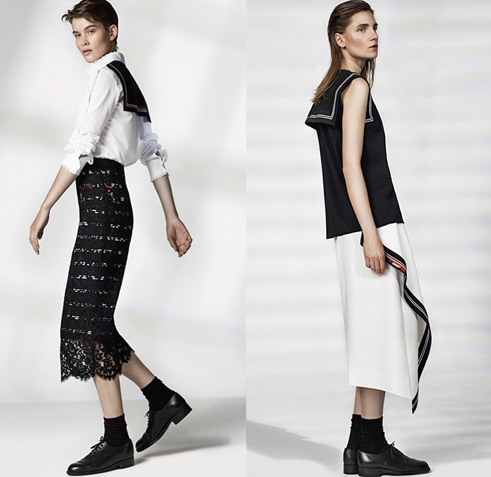 Preen by Thornton Bregazzi 2016 Resort Cruise Pre-Spring Womens Lookbook Presentation - Nautical Marine Navy Sailor Collar Bib Stripes Chevron Viscose Lace Maxi Dress Blouse Skirt Frock Outerwear Trench Coat Flowers Florals Print Pattern Sash Ribbon Waist Sheer Chiffon Silk Ruffles One Shoulder Handkerchief Hem Mix Match Polka Dots Pants Trousers Pantsuit