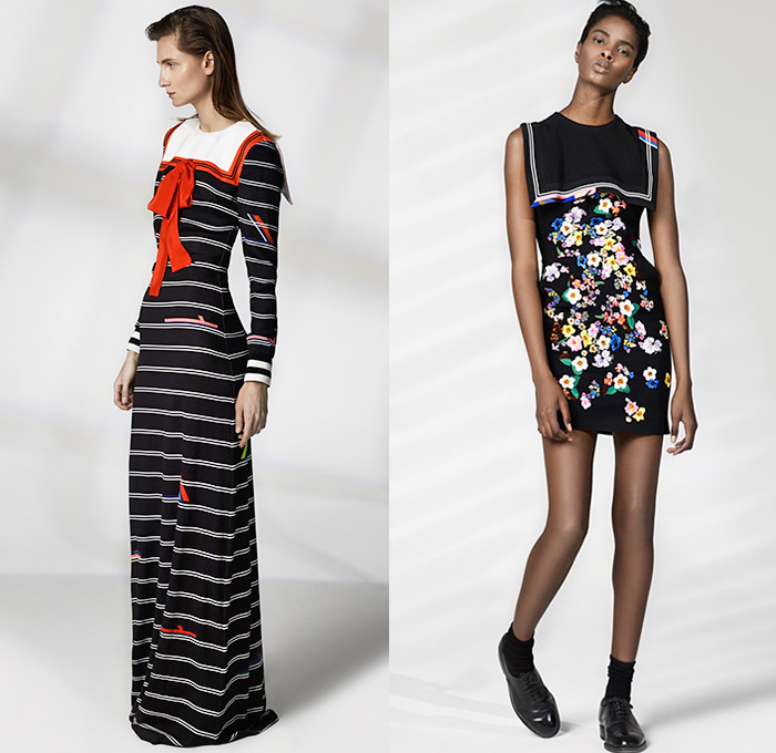 Preen by Thornton Bregazzi 2016 Resort Cruise Pre-Spring Womens Lookbook Presentation - Nautical Marine Navy Sailor Collar Bib Stripes Chevron Viscose Lace Maxi Dress Blouse Skirt Frock Outerwear Trench Coat Flowers Florals Print Pattern Sash Ribbon Waist Sheer Chiffon Silk Ruffles One Shoulder Handkerchief Hem Mix Match Polka Dots Pants Trousers Pantsuit