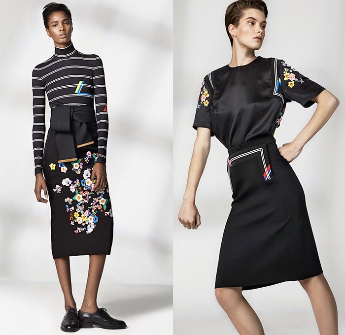 Preen by Thornton Bregazzi 2016 Resort Cruise Pre-Spring Womens Lookbook Presentation - Nautical Marine Navy Sailor Collar Bib Stripes Chevron Viscose Lace Maxi Dress Blouse Skirt Frock Outerwear Trench Coat Flowers Florals Print Pattern Sash Ribbon Waist Sheer Chiffon Silk Ruffles One Shoulder Handkerchief Hem Mix Match Polka Dots Pants Trousers Pantsuit