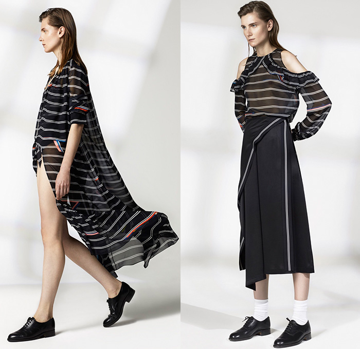 Preen by Thornton Bregazzi 2016 Resort Cruise Pre-Spring Womens Lookbook Presentation - Nautical Marine Navy Sailor Collar Bib Stripes Chevron Viscose Lace Maxi Dress Blouse Skirt Frock Outerwear Trench Coat Flowers Florals Print Pattern Sash Ribbon Waist Sheer Chiffon Silk Ruffles One Shoulder Handkerchief Hem Mix Match Polka Dots Pants Trousers Pantsuit