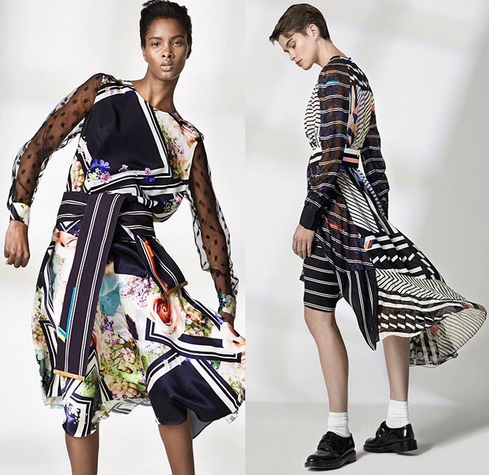 Preen by Thornton Bregazzi 2016 Resort Cruise Pre-Spring Womens Lookbook Presentation - Nautical Marine Navy Sailor Collar Bib Stripes Chevron Viscose Lace Maxi Dress Blouse Skirt Frock Outerwear Trench Coat Flowers Florals Print Pattern Sash Ribbon Waist Sheer Chiffon Silk Ruffles One Shoulder Handkerchief Hem Mix Match Polka Dots Pants Trousers Pantsuit