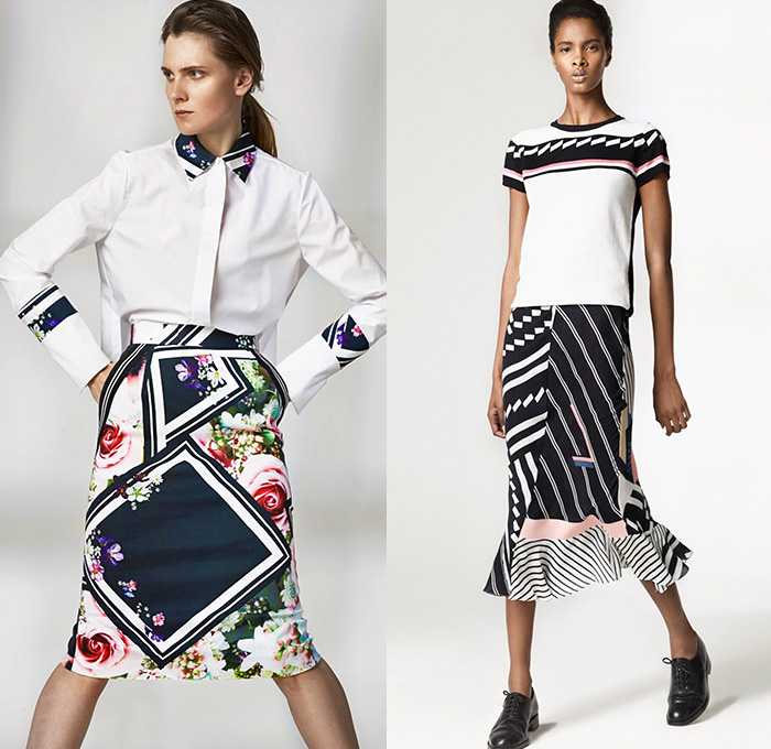 Preen by Thornton Bregazzi 2016 Resort Cruise Pre-Spring Womens Lookbook Presentation - Nautical Marine Navy Sailor Collar Bib Stripes Chevron Viscose Lace Maxi Dress Blouse Skirt Frock Outerwear Trench Coat Flowers Florals Print Pattern Sash Ribbon Waist Sheer Chiffon Silk Ruffles One Shoulder Handkerchief Hem Mix Match Polka Dots Pants Trousers Pantsuit