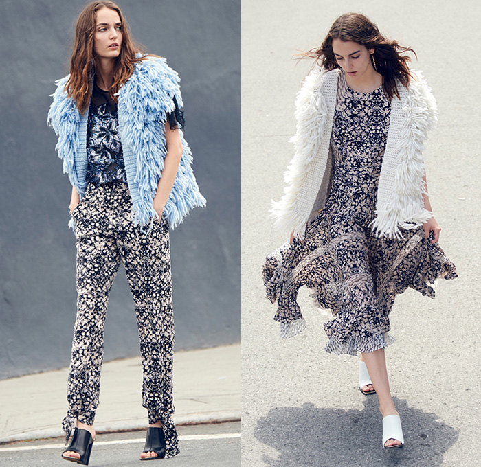 Rebecca Taylor 2016 Resort Cruise Pre-Spring Womens Lookbook Presentation - Bohemian Boho Chic Fringes Raw Hem Flowers Florals Leaves Foliage Botanical Print Sheer Chiffon Lace Embroidery Tie Up Outerwear Coat Jacket Maxi Dress Goddess Georgette Gown Knit Weave Wide Leg Trousers Palazzo Pants Waffle Quilted Ornamental Tribal Art Skirt Frock