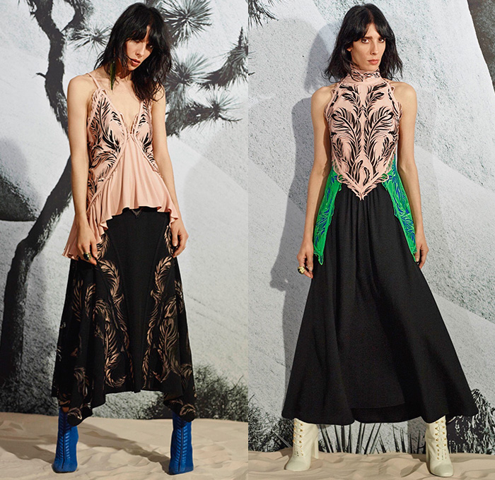 Roberto Cavalli 2016 Resort Cruise Pre-Spring Womens Lookbook Presentation - Denim Jeans Animals Birds Feathers Fringes Ruffles Blouse Wide Belt Embroidery Embellishments Bedazzled Bell Sleeve Stripes Gold Metallic Drawstring Outerwear Blazer Shorts Fern Fauna Leaves Foliage Maxi Dress Vest Waistcoat Bolero Lace Lasercut Sheer Chiffon Gown Bag Handbag Ankle Boots Skirt Frock