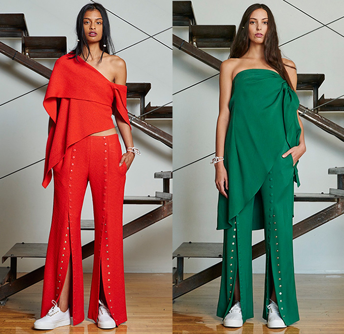 Rosie Assoulin 2016 Resort Cruise Pre-Spring Womens Lookbook Presentation - Waterfall Ruffles Sleeves Ball Gown Snap Buttons One Off Shoulder Cargo Pockets Crop Top Midriff Onesie Jumpsuit Coveralls Shirtdress Wide Leg Trousers Palazzo Pants Culottes Gauchos Tunic Blouse Silk Wrap Handkerchief Hem Drapery Outerwear Blazer Jacket Sneakers Perforated Lasercut Vest Waistcoat Tiered Silk Tie-Dye Knit