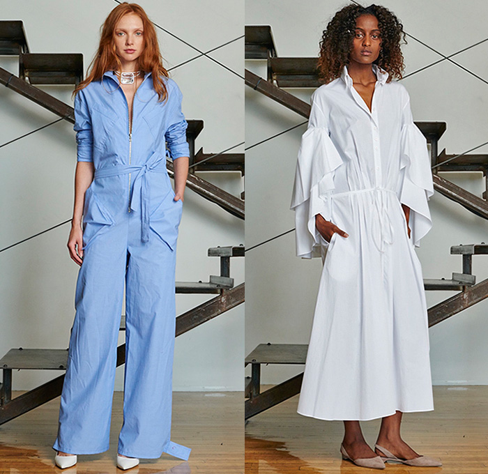 Rosie Assoulin 2016 Resort Cruise Pre-Spring Womens Lookbook Presentation - Waterfall Ruffles Sleeves Ball Gown Snap Buttons One Off Shoulder Cargo Pockets Crop Top Midriff Onesie Jumpsuit Coveralls Shirtdress Wide Leg Trousers Palazzo Pants Culottes Gauchos Tunic Blouse Silk Wrap Handkerchief Hem Drapery Outerwear Blazer Jacket Sneakers Perforated Lasercut Vest Waistcoat Tiered Silk Tie-Dye Knit