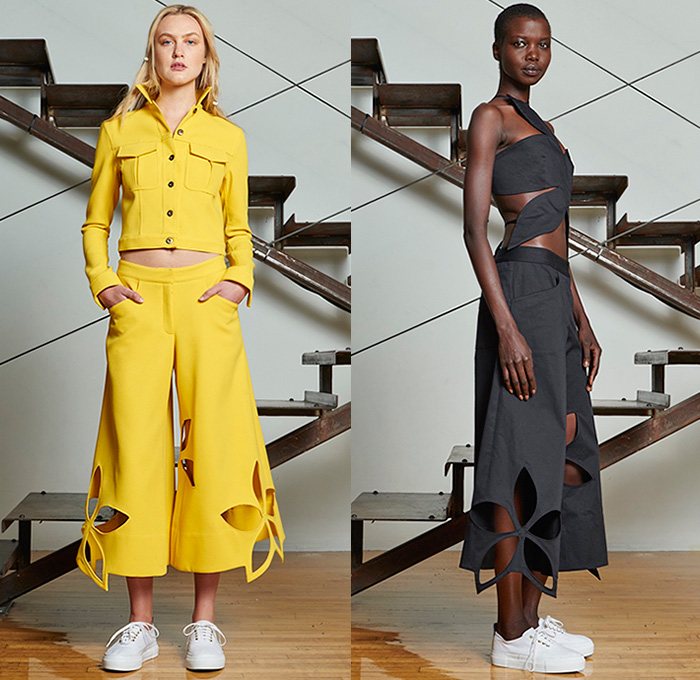 Rosie Assoulin 2016 Resort Cruise Pre-Spring Womens Lookbook Presentation - Waterfall Ruffles Sleeves Ball Gown Snap Buttons One Off Shoulder Cargo Pockets Crop Top Midriff Onesie Jumpsuit Coveralls Shirtdress Wide Leg Trousers Palazzo Pants Culottes Gauchos Tunic Blouse Silk Wrap Handkerchief Hem Drapery Outerwear Blazer Jacket Sneakers Perforated Lasercut Vest Waistcoat Tiered Silk Tie-Dye Knit