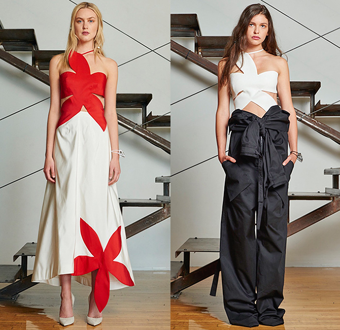 Rosie Assoulin 2016 Resort Cruise Pre-Spring Womens Lookbook Presentation - Waterfall Ruffles Sleeves Ball Gown Snap Buttons One Off Shoulder Cargo Pockets Crop Top Midriff Onesie Jumpsuit Coveralls Shirtdress Wide Leg Trousers Palazzo Pants Culottes Gauchos Tunic Blouse Silk Wrap Handkerchief Hem Drapery Outerwear Blazer Jacket Sneakers Perforated Lasercut Vest Waistcoat Tiered Silk Tie-Dye Knit