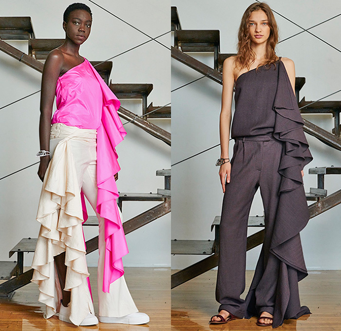 Rosie Assoulin 2016 Resort Cruise Pre-Spring Womens Lookbook Presentation - Waterfall Ruffles Sleeves Ball Gown Snap Buttons One Off Shoulder Cargo Pockets Crop Top Midriff Onesie Jumpsuit Coveralls Shirtdress Wide Leg Trousers Palazzo Pants Culottes Gauchos Tunic Blouse Silk Wrap Handkerchief Hem Drapery Outerwear Blazer Jacket Sneakers Perforated Lasercut Vest Waistcoat Tiered Silk Tie-Dye Knit