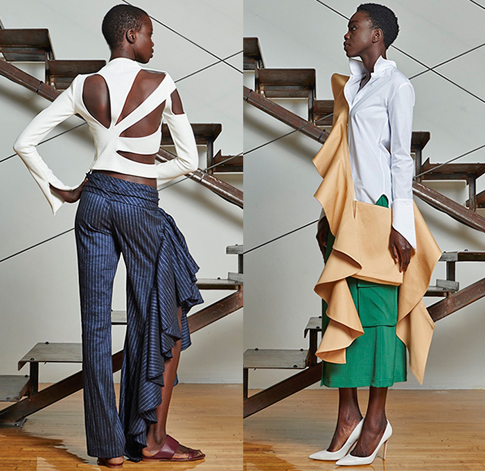 Rosie Assoulin 2016 Resort Cruise Pre-Spring Womens Lookbook Presentation - Waterfall Ruffles Sleeves Ball Gown Snap Buttons One Off Shoulder Cargo Pockets Crop Top Midriff Onesie Jumpsuit Coveralls Shirtdress Wide Leg Trousers Palazzo Pants Culottes Gauchos Tunic Blouse Silk Wrap Handkerchief Hem Drapery Outerwear Blazer Jacket Sneakers Perforated Lasercut Vest Waistcoat Tiered Silk Tie-Dye Knit