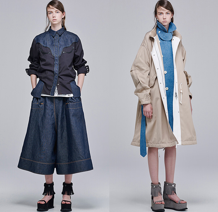 Sacai by Chitose Abe 2016 Resort Cruise Pre-Spring Womens Lookbook Presentation - Denim Jeans Wide Leg Trousers Palazzo Pants Culottes Gauchos Shorts Blouse Panels Mix Match Mesh Lace Lasercut Stars Cross Oversized Outerwear Coat Parka Hoodie Layers Drawstring Fringes Waffle Quilted Peacoat Bomber Jacket Knit Straps Cargo Pockets Fringes Leaves Foliage Tiered Raw Hem Frayed Stripes Shirtdress