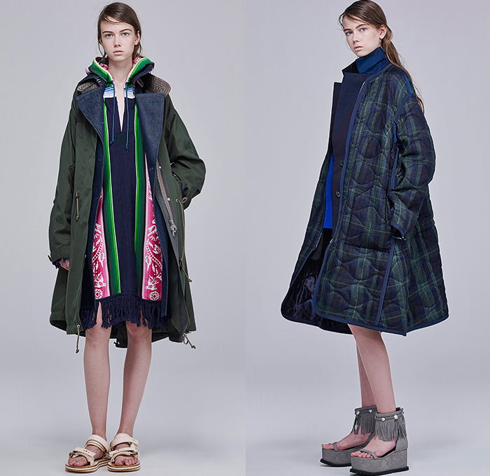 Sacai by Chitose Abe 2016 Resort Cruise Pre-Spring Womens Lookbook Presentation - Denim Jeans Wide Leg Trousers Palazzo Pants Culottes Gauchos Shorts Blouse Panels Mix Match Mesh Lace Lasercut Stars Cross Oversized Outerwear Coat Parka Hoodie Layers Drawstring Fringes Waffle Quilted Peacoat Bomber Jacket Knit Straps Cargo Pockets Fringes Leaves Foliage Tiered Raw Hem Frayed Stripes Shirtdress