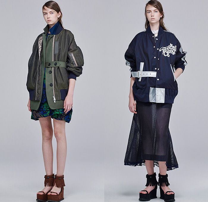 Sacai by Chitose Abe 2016 Resort Cruise Pre-Spring Womens Lookbook Presentation - Denim Jeans Wide Leg Trousers Palazzo Pants Culottes Gauchos Shorts Blouse Panels Mix Match Mesh Lace Lasercut Stars Cross Oversized Outerwear Coat Parka Hoodie Layers Drawstring Fringes Waffle Quilted Peacoat Bomber Jacket Knit Straps Cargo Pockets Fringes Leaves Foliage Tiered Raw Hem Frayed Stripes Shirtdress