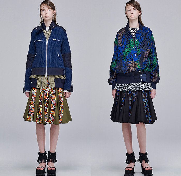 Sacai by Chitose Abe 2016 Resort Cruise Pre-Spring Womens Lookbook Presentation - Denim Jeans Wide Leg Trousers Palazzo Pants Culottes Gauchos Shorts Blouse Panels Mix Match Mesh Lace Lasercut Stars Cross Oversized Outerwear Coat Parka Hoodie Layers Drawstring Fringes Waffle Quilted Peacoat Bomber Jacket Knit Straps Cargo Pockets Fringes Leaves Foliage Tiered Raw Hem Frayed Stripes Shirtdress