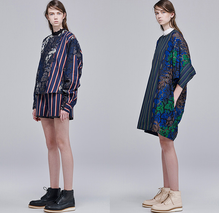 Sacai by Chitose Abe 2016 Resort Cruise Pre-Spring Womens Lookbook Presentation - Denim Jeans Wide Leg Trousers Palazzo Pants Culottes Gauchos Shorts Blouse Panels Mix Match Mesh Lace Lasercut Stars Cross Oversized Outerwear Coat Parka Hoodie Layers Drawstring Fringes Waffle Quilted Peacoat Bomber Jacket Knit Straps Cargo Pockets Fringes Leaves Foliage Tiered Raw Hem Frayed Stripes Shirtdress