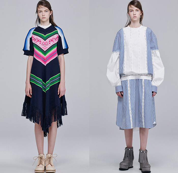 Sacai by Chitose Abe 2016 Resort Cruise Pre-Spring Womens Lookbook Presentation - Denim Jeans Wide Leg Trousers Palazzo Pants Culottes Gauchos Shorts Blouse Panels Mix Match Mesh Lace Lasercut Stars Cross Oversized Outerwear Coat Parka Hoodie Layers Drawstring Fringes Waffle Quilted Peacoat Bomber Jacket Knit Straps Cargo Pockets Fringes Leaves Foliage Tiered Raw Hem Frayed Stripes Shirtdress