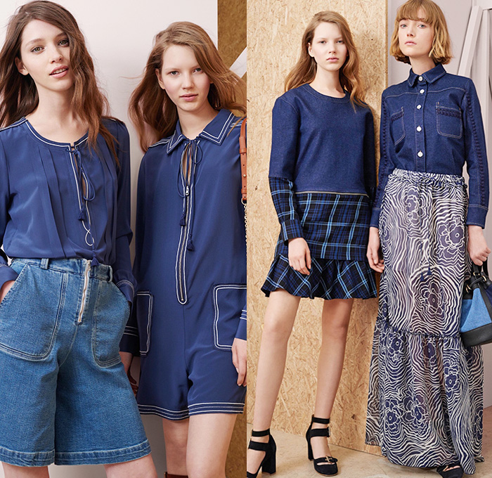 See by Chloé Paris 2016 Resort Cruise Pre-Spring Womens Lookbook Presentation - Denim Jeans A-line Skirt Dress Shorts Combishorts Romper Onesie Drawstring Multi-Panel Miniskirt Flowers Florals Print Pattern Chunky Knit Sweater Ruffles Cutout Curved Hem Long Sleeve Sweaterdress Polka Dots Lace Pants Trousers Plaid Outerwear Jacket Coat Bag