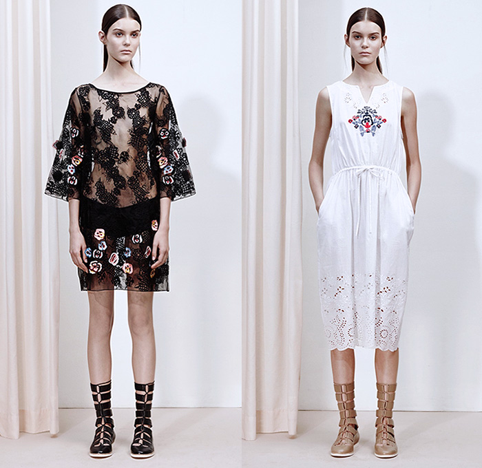 SUNO New York 2016 Resort Cruise Pre-Spring Womens Lookbook Presentation - 1960s Sixties Hippie Boho Bohemian Chic 3D Flowers Florals Motif Sheer Chiffon Lace Perforated Shirtdress Bumblebees Gladiator Sandals Vest Waistcoat Bell Sleeves Ruffles Skirt Frock Paisley Cropped Pants Stripes Accordion Pleats Maxi Dress Goddess Gown