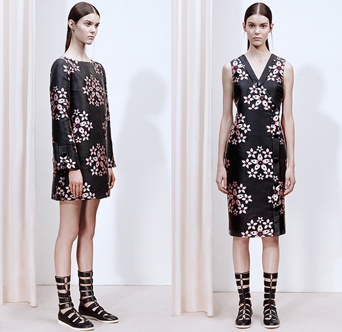 SUNO New York 2016 Resort Cruise Pre-Spring Womens Lookbook Presentation - 1960s Sixties Hippie Boho Bohemian Chic 3D Flowers Florals Motif Sheer Chiffon Lace Perforated Shirtdress Bumblebees Gladiator Sandals Vest Waistcoat Bell Sleeves Ruffles Skirt Frock Paisley Cropped Pants Stripes Accordion Pleats Maxi Dress Goddess Gown